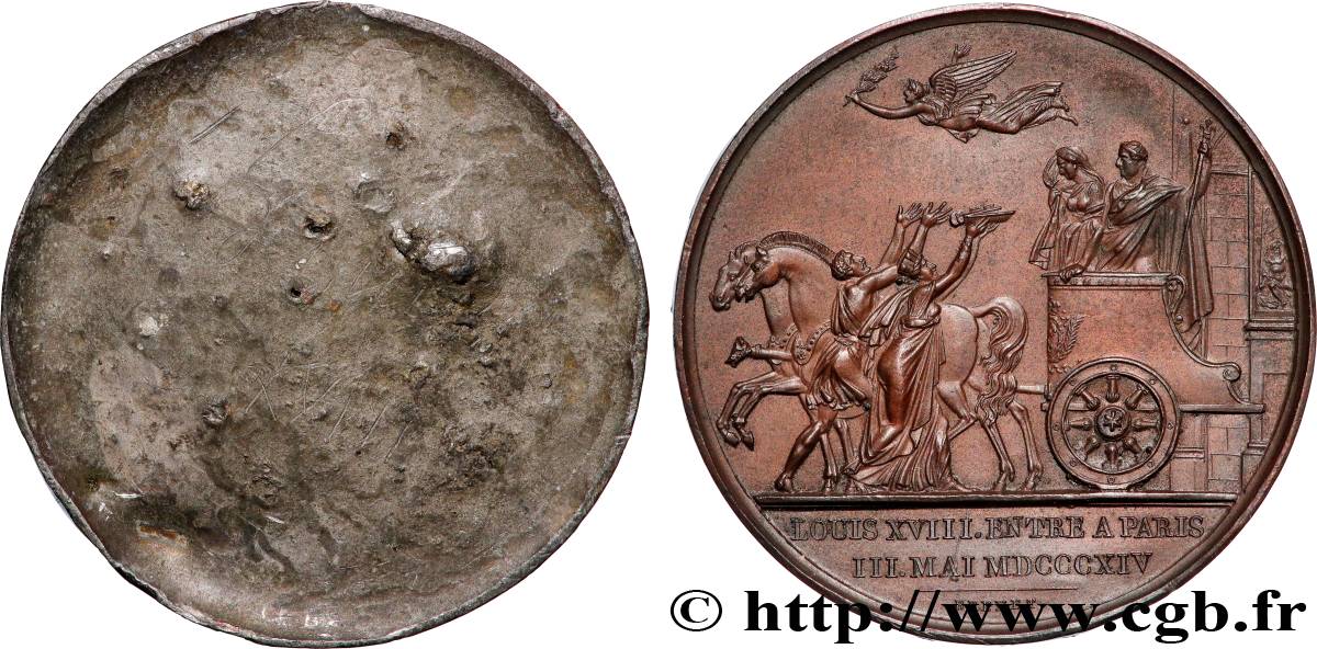 LOUIS XVIII Médaille, Entrée de Louis XVIII à Paris, tirage uniface du revers TTB+