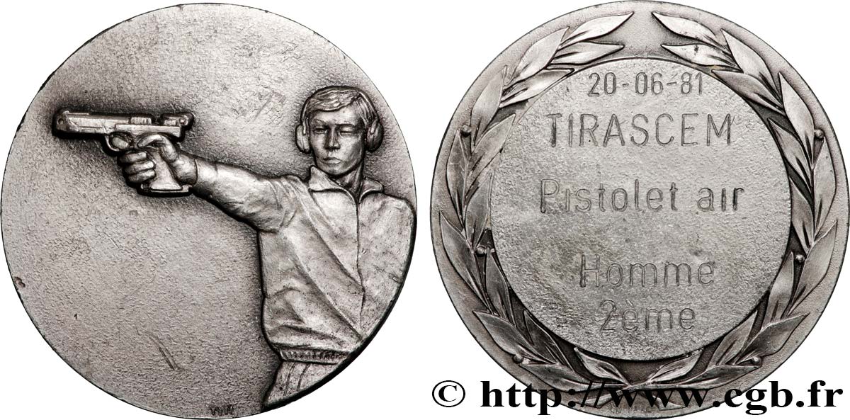 CINQUIÈME RÉPUBLIQUE Médaille de tir, Pistolet Air  TTB+/TTB