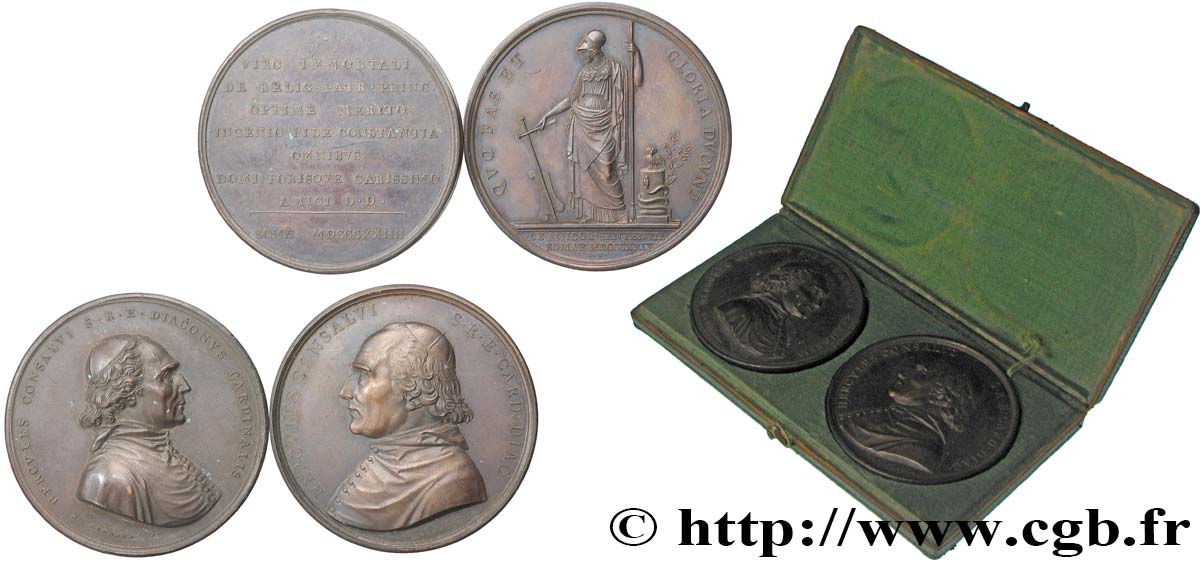 ITALIE - ÉTATS DU PAPE - LÉON XII (Annibale Sermattei della Genga) Coffret de deux médailles, Cardinal Ercole Consalvi SUP+