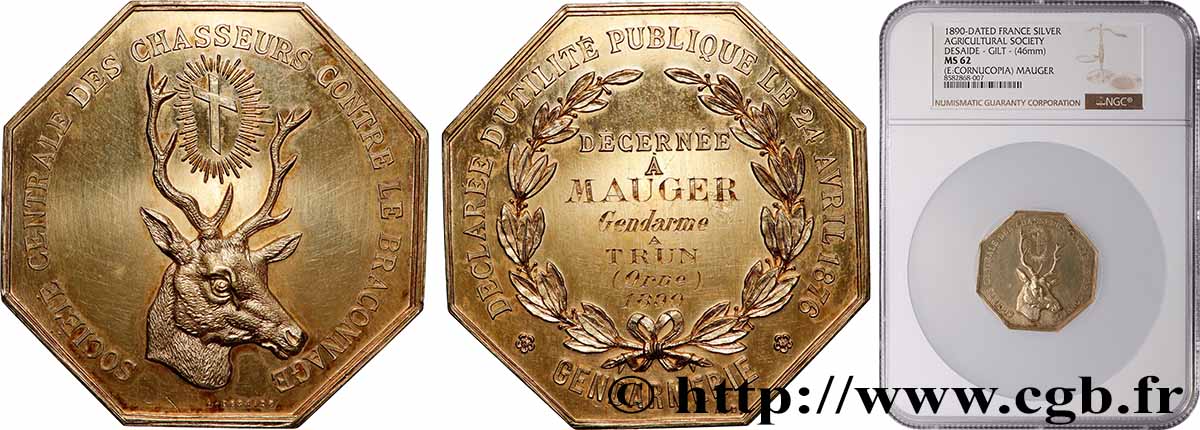 III REPUBLIC Médaille, Gendarmerie, Société Centrale des Chasseurs contre le braconnage MS62