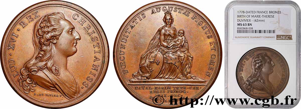 LOUIS XVI Médaille, Naissance de Marie-Thérèse, “Madame Royale” MS63