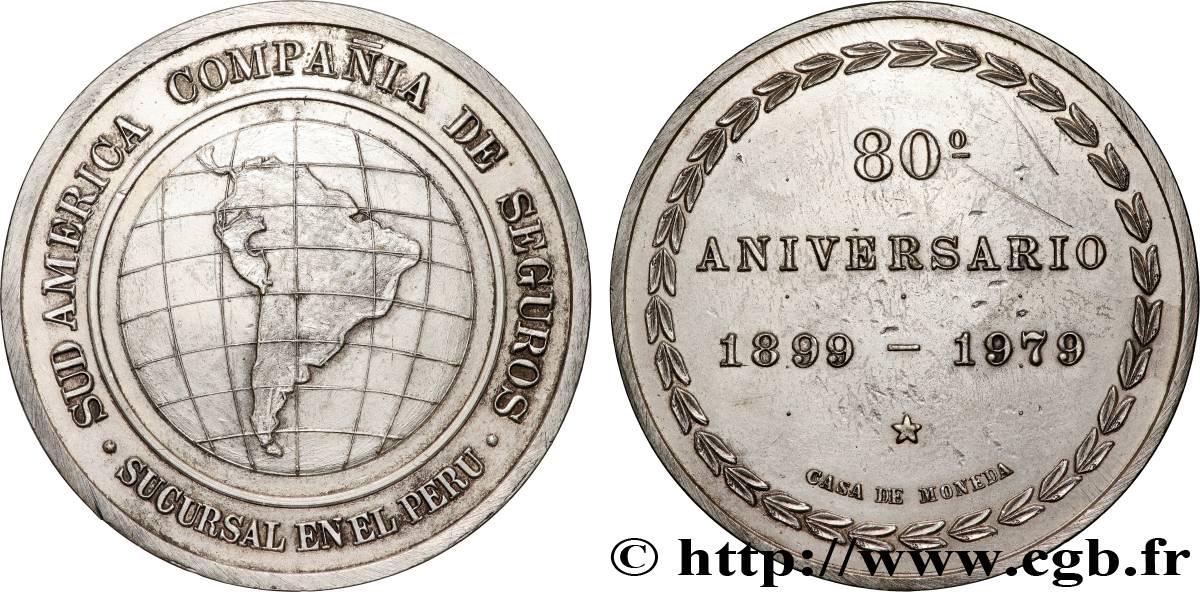 PÉROU Médaille, 80e anniversaire de la Sud America Compania de Seguros TTB+/TTB