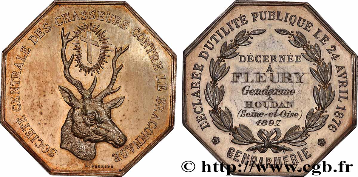 TROISIÈME RÉPUBLIQUE Médaille, Gendarmerie, Société Centrale des Chasseurs contre le braconnage SUP