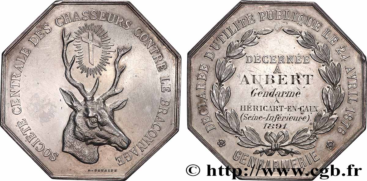 TROISIÈME RÉPUBLIQUE Médaille, Gendarmerie, Société Centrale des Chasseurs contre le braconnage TTB+