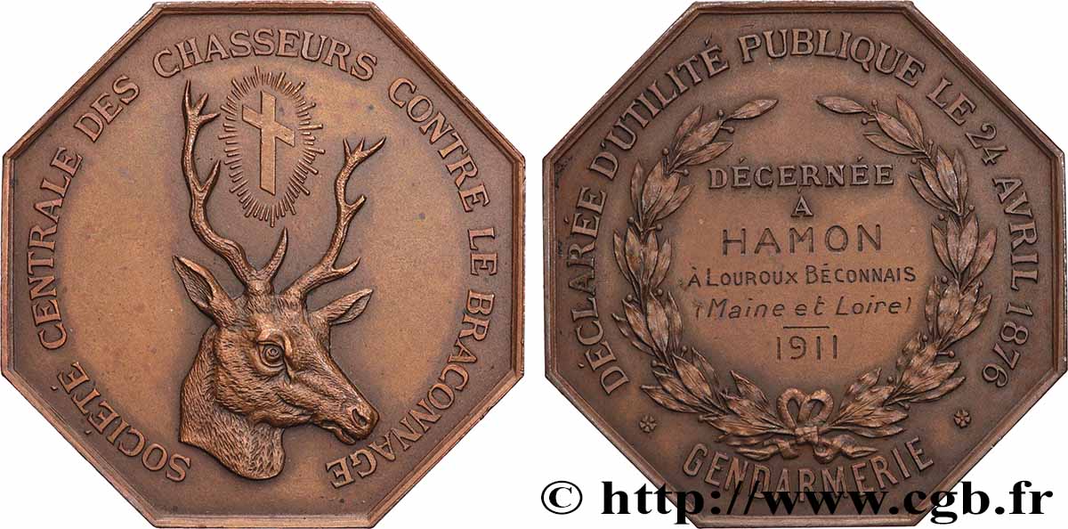 TROISIÈME RÉPUBLIQUE Médaille, Gendarmerie, Société Centrale des Chasseurs contre le braconnage SUP