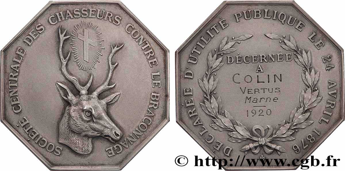 TROISIÈME RÉPUBLIQUE Médaille, Société Centrale des Chasseurs contre le braconnage SPL