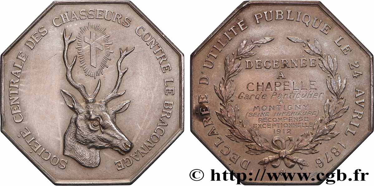 TROISIÈME RÉPUBLIQUE Médaille, Société Centrale des Chasseurs contre le braconnage TTB+