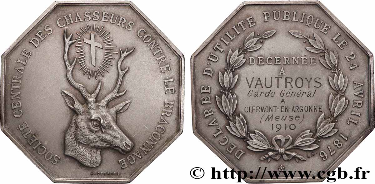 TROISIÈME RÉPUBLIQUE Médaille, Société Centrale des Chasseurs contre le braconnage SUP