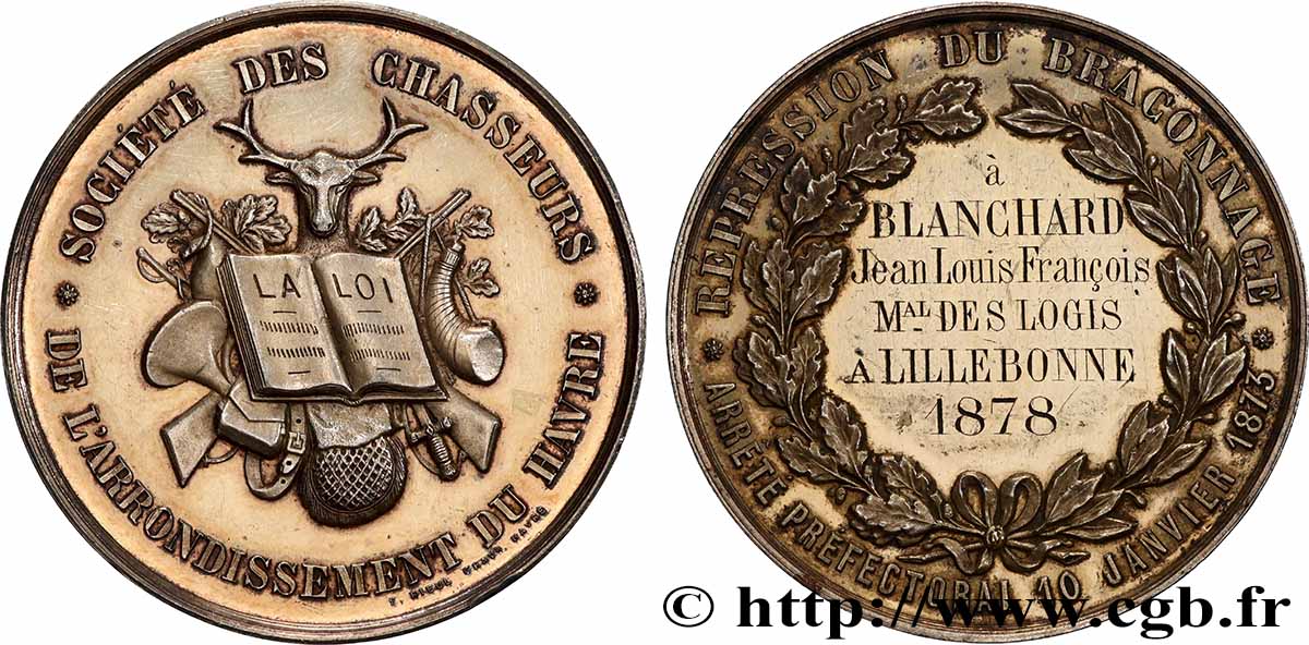 TROISIÈME RÉPUBLIQUE Médaille, Société des chasseurs SUP