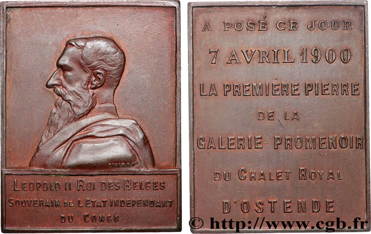 BELGIQUE - ROYAUME DE BELGIQUE - LÉOPOLD II Plaquette, Pose de la première pierre de la Galerie promenoir du chalet royal d’Ostende TTB+