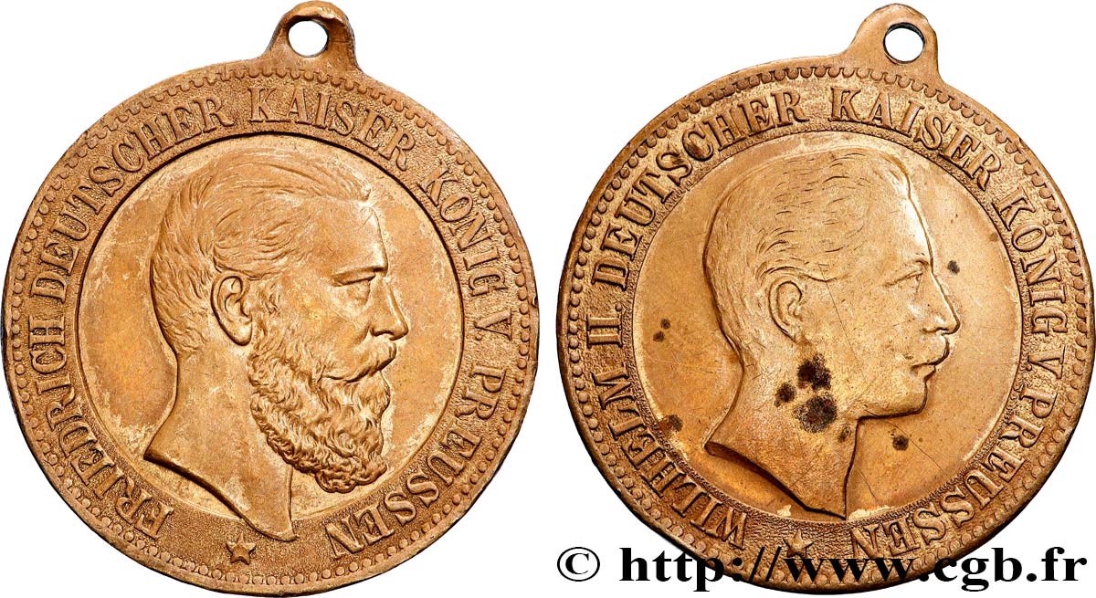 ALLEMAGNE - ROYAUME DE PRUSSE - FRÉDÉRIC III Médaille, Frédéric III et Guillaume II TTB+/TTB