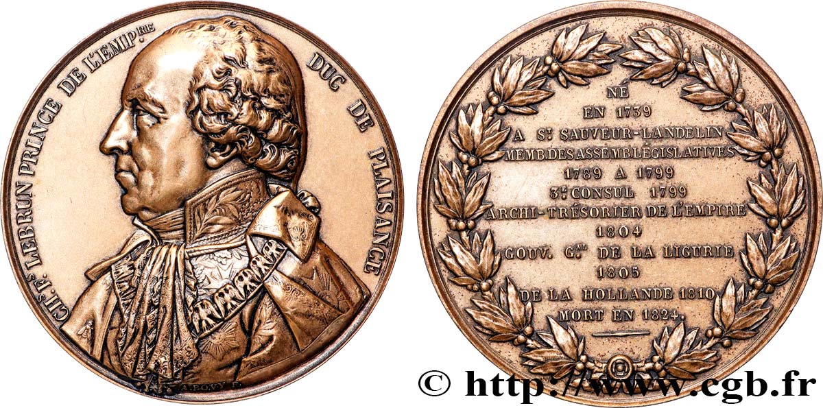 LOUIS XVIII Médaille, Lebrun duc de Plaisance, refrappe AU/AU