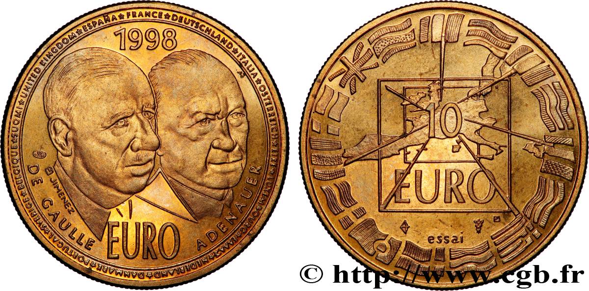 V REPUBLIC Médaille, “Essai” 10 Euro De Gaulle / Adenauer AU