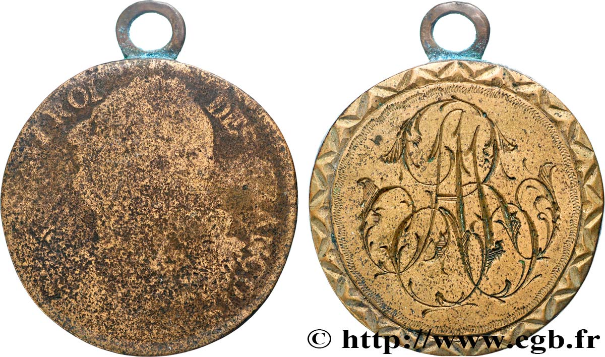 LOUIS XVI 12 deniers dit  au faisceau , type FRANCOIS, transformé en médaille de mariage VG/VF