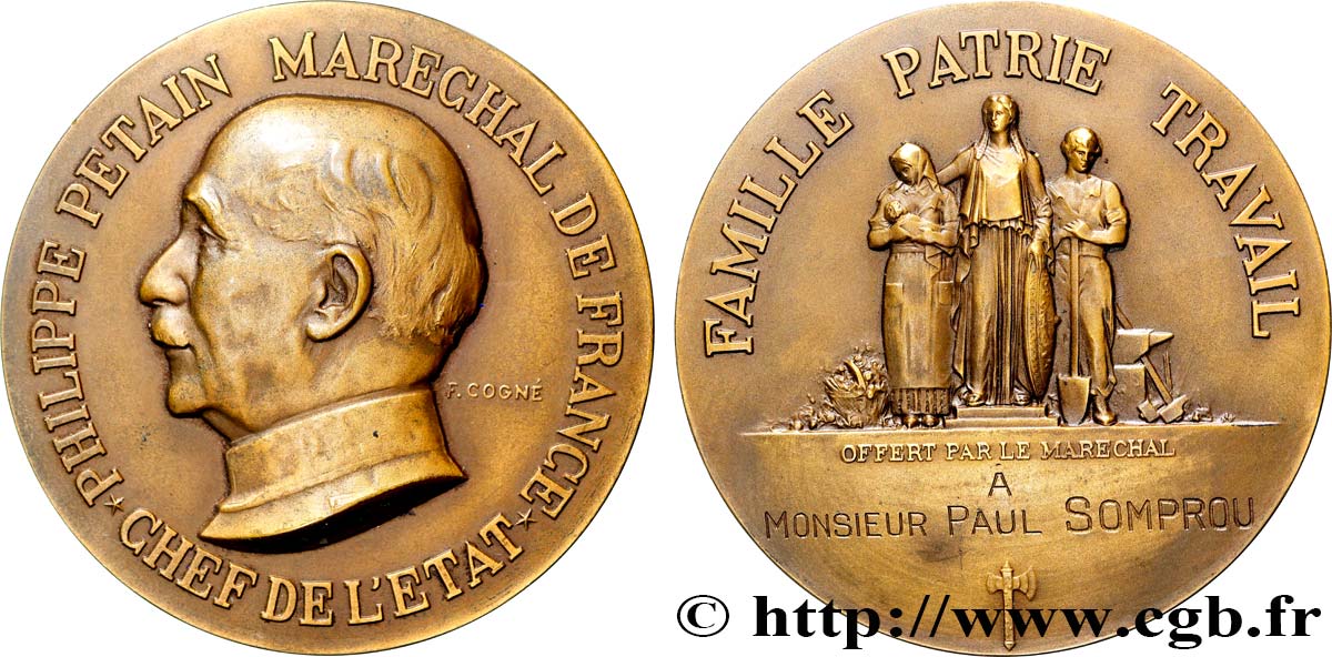 ETAT FRANÇAIS Médaille, Offerte par le Maréchal Pétain AU