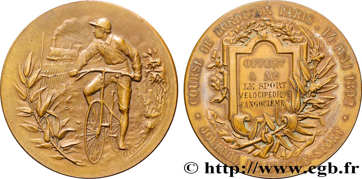 TROISIÈME RÉPUBLIQUE Médaille, Course Bordeaux-Paris organisée par le journal Véloce-Sport TTB+