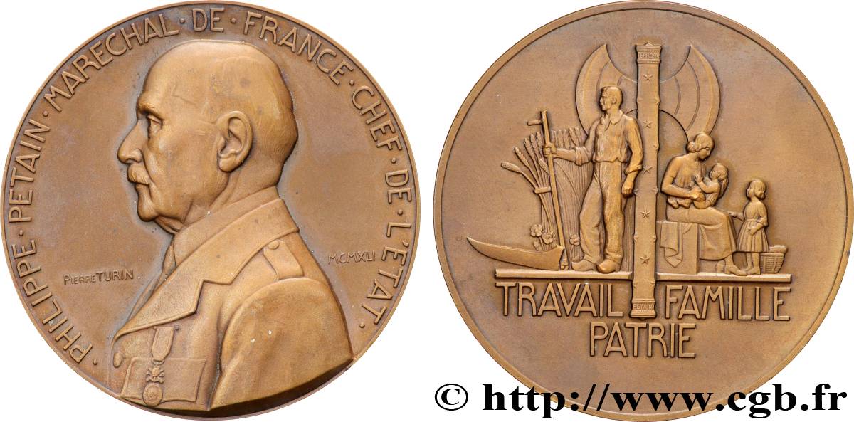 ETAT FRANÇAIS Médaille, Maréchal Pétain, Travail, Famille et Patrie AU/AU