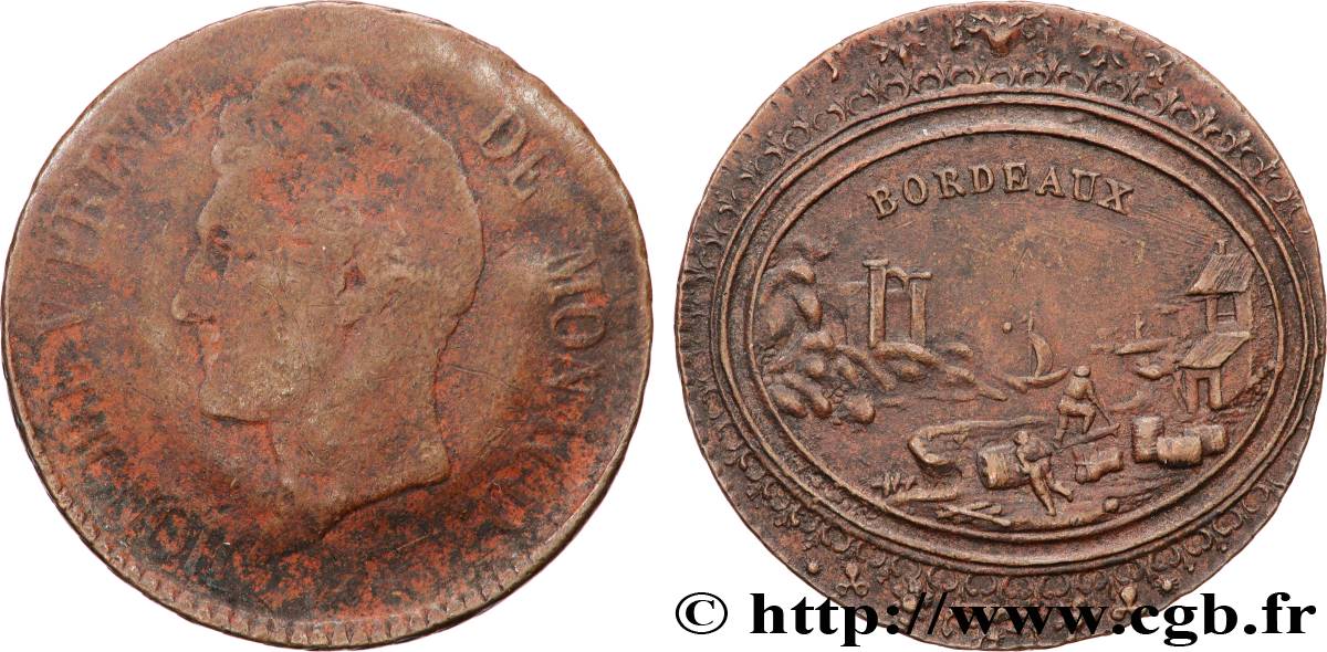MONACO - HONORE V Médaille, Les débardeurs, frappé sur le revers d’une 5 centimes Monaco 1837 (ou 1838) VF/XF