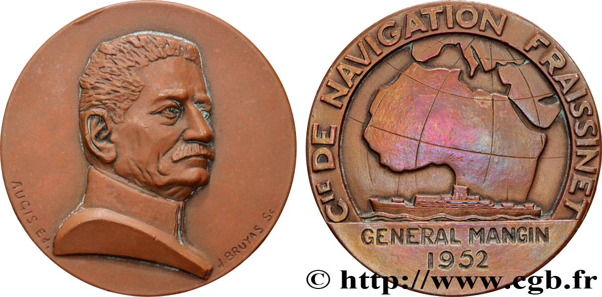QUATRIÈME RÉPUBLIQUE Médaille, Compagnie de navigation Fraissinet, Général Mangin TTB+