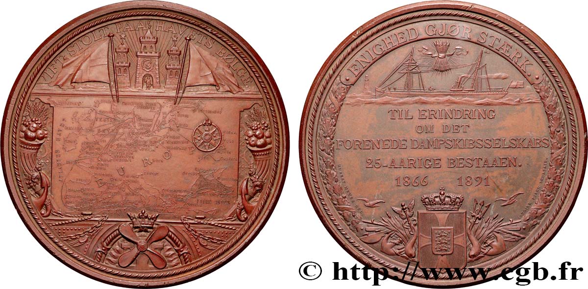 DANEMARK - ROYAUME DU DANEMARK - CHRISTIAN IX Médaille, 25e anniversaire de la compagnie Dampskipbsselskabs (compagnie des bateaux à vapeur) SUP