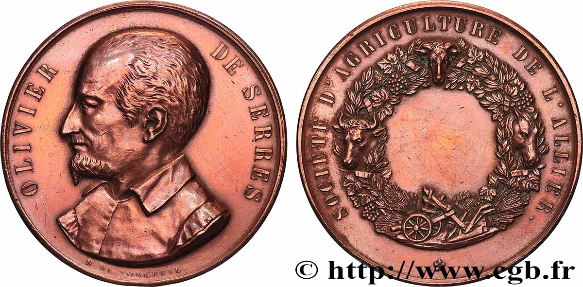 SOCIÉTÉS D&nbsp;AGRICULTURE, HORTICULTURE, PÊCHE ET CHASSE Médaille, Société d’agriculture de l’Allier TTB+