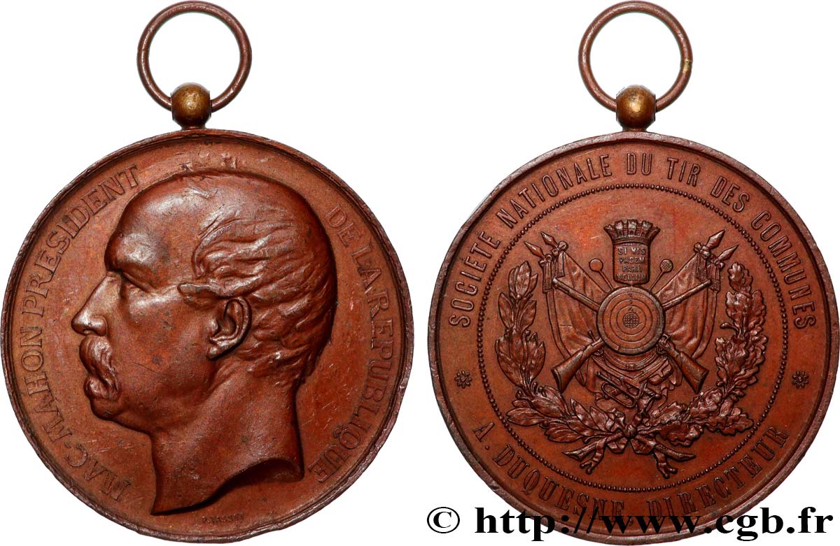 TROISIÈME RÉPUBLIQUE Médaille, Mac-Mahon, Société nationale du tir des communes TTB