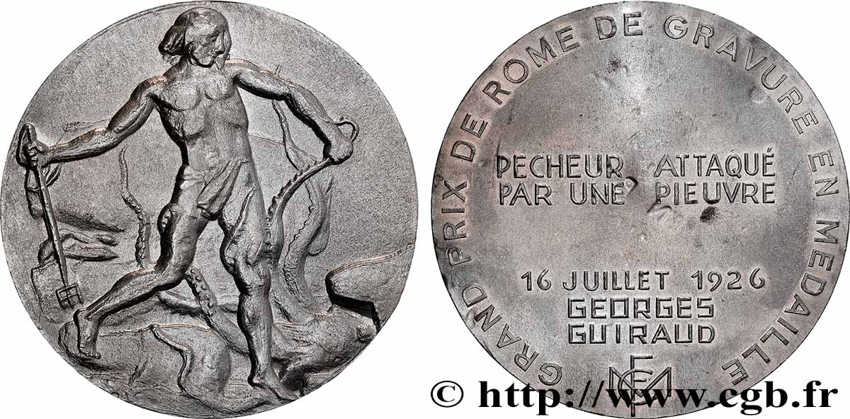 V REPUBLIC Médaille, Pécheur attaqué par une pieuvre, Exemplaire Éditeur AU/AU
