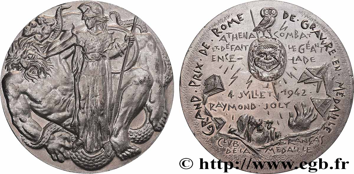 CINQUIÈME RÉPUBLIQUE Médaille, Athéna combat et défait le géant Encelade, Exemplaire Éditeur SUP