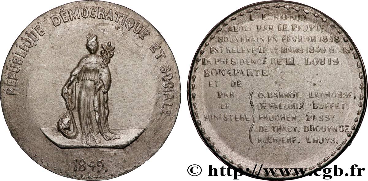 DEUXIÈME RÉPUBLIQUE Médaille, Rétablissement de l’échafaud et de la peine de mort AU