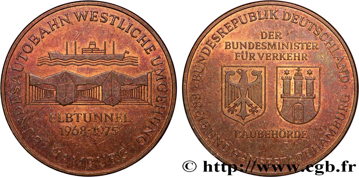 ALLEMAGNE - RÉPUBLIQUE DE WEIMAR Médaille, Ouverture du tunnel de l’Elbe à la circulation automobile fVZ
