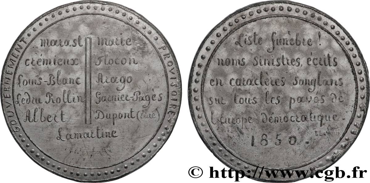 SECOND REPUBLIC Médaille, Gouvernement provisoire, Liste funèbre AU