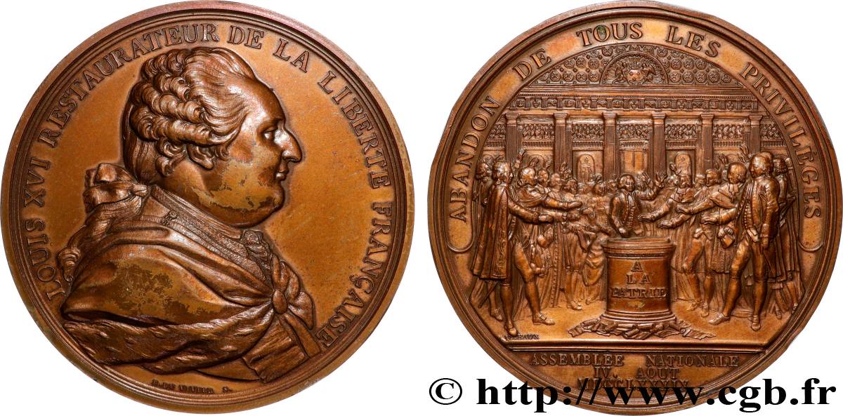 LOUIS XVI Médaille, Abandon de tous les privilèges, refrappe AU