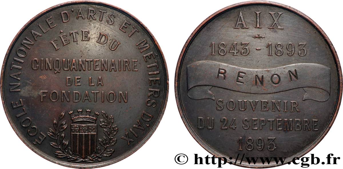 III REPUBLIC Médaille, Cinquantenaire de la fondation de l’école nationale d’Arts et Métiers d’Aix XF