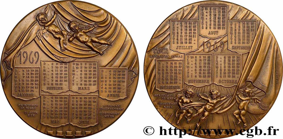 V REPUBLIC Médaille calendrier, Chérubins et théâtre AU