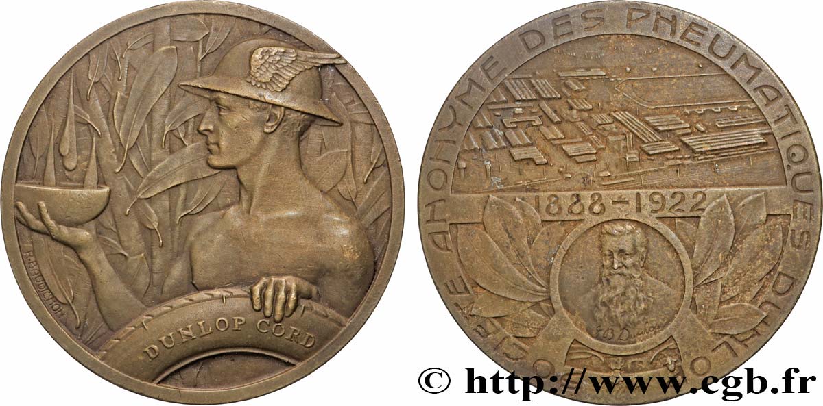 TROISIÈME RÉPUBLIQUE Médaille, John Boyd Dunlop, Société anonyme des pneumatiques, Inauguration des usines TTB+