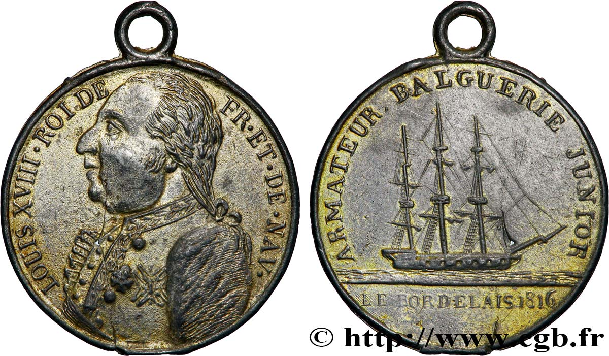 LOUIS XVIII Médaille, Armateur Balguerie Junior, Le bordelais XF
