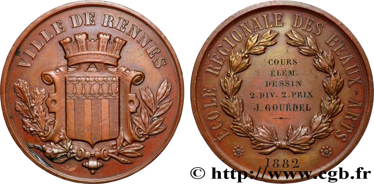 TROISIÈME RÉPUBLIQUE Médaille, Ecole des Beaux Arts de Rennes TTB+