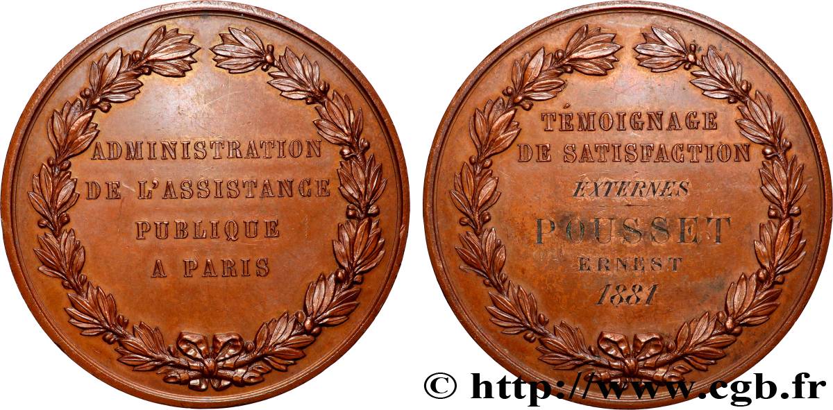 TROISIÈME RÉPUBLIQUE Médaille, Assistance Publique, témoignage de satisfaction TTB+
