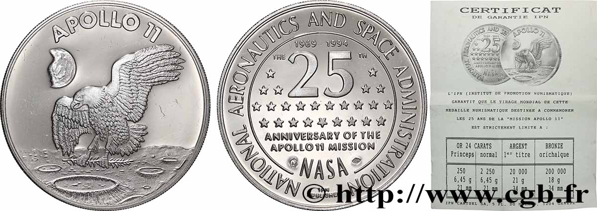 CONQUÊTE DE L&nbsp;ESPACE - EXPLORATION SPATIALE Médaille, 25e anniversaire de la mission Apollo 11 BE