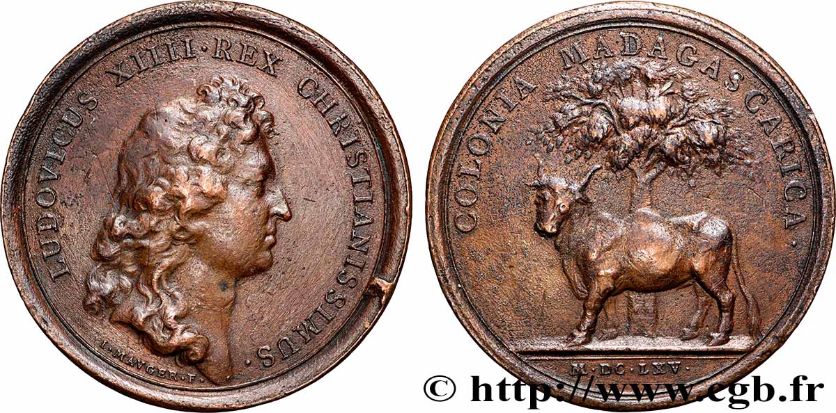 LOUIS XIV  THE SUN KING  Médaille, Colonie de Madagascar, refrappe SS