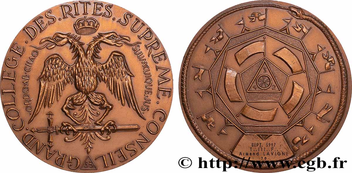 CINQUIÈME RÉPUBLIQUE Médaille, Grand collège des rites suprême TTB+