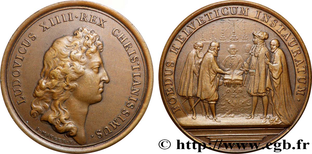 LOUIS XIV LE GRAND OU LE ROI SOLEIL Médaille, Renouvellement de l’alliance avec les Suisses, refrappe TTB+