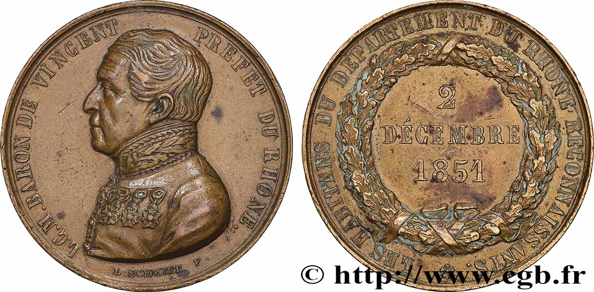 DEUXIÈME RÉPUBLIQUE Médaille, Baron de Vincent, préfet du Rhône TTB