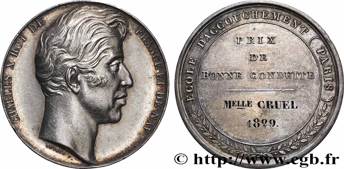 CHARLES X Médaille, École d’accouchement, Prix de bonne conduite TTB+