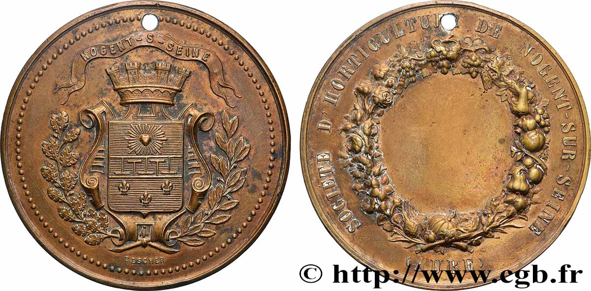 TROISIÈME RÉPUBLIQUE Médaille, Société d’horticulture de Nogent-sur-Seine TTB
