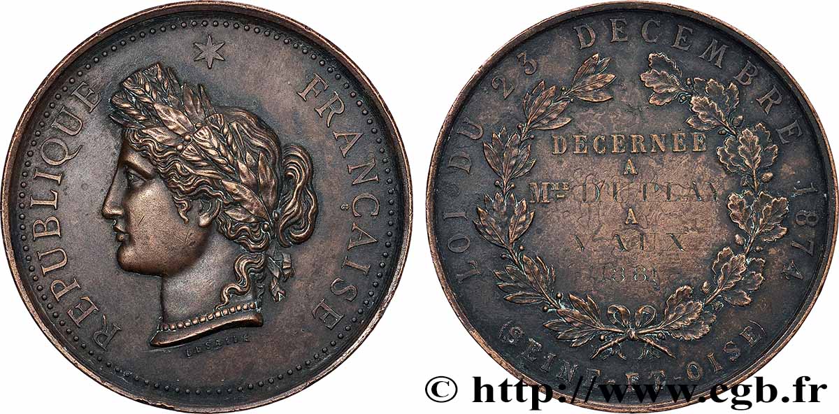 TROISIÈME RÉPUBLIQUE Médaille, Loi du 23 décembre 1874 TTB