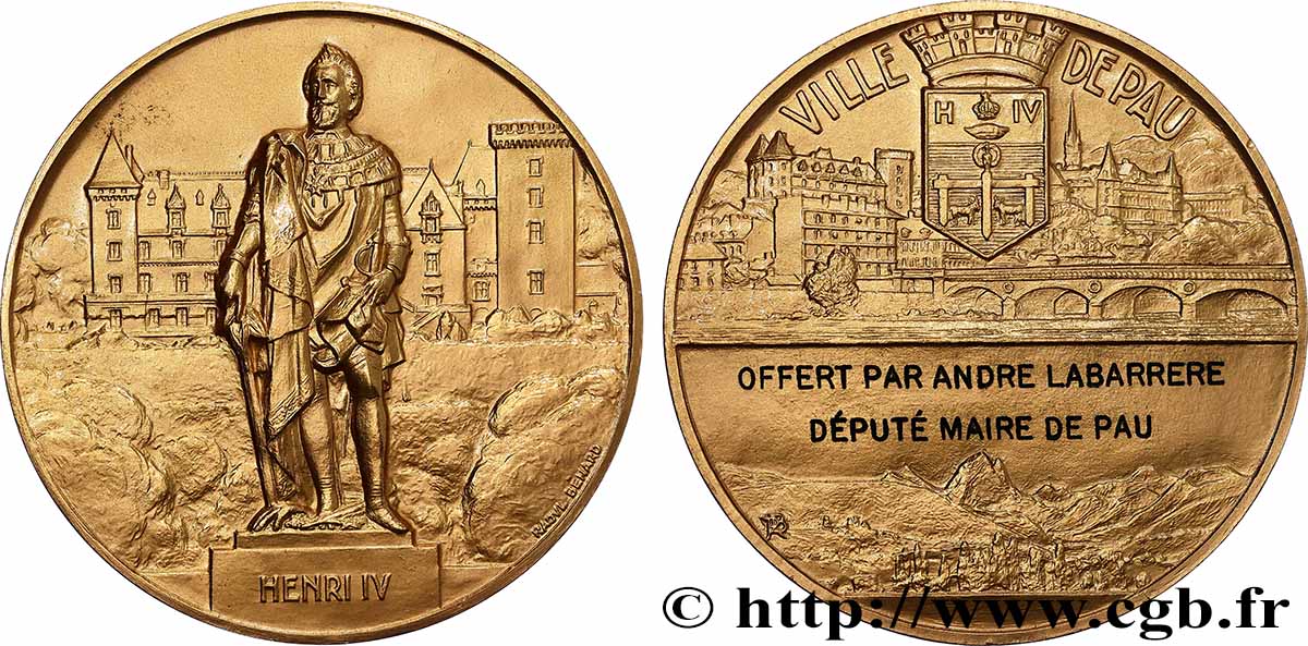 QUINTA REPUBLICA FRANCESA Médaille, Pau, Henri IV, Offert par André Labarrère, député maire de Pau EBC