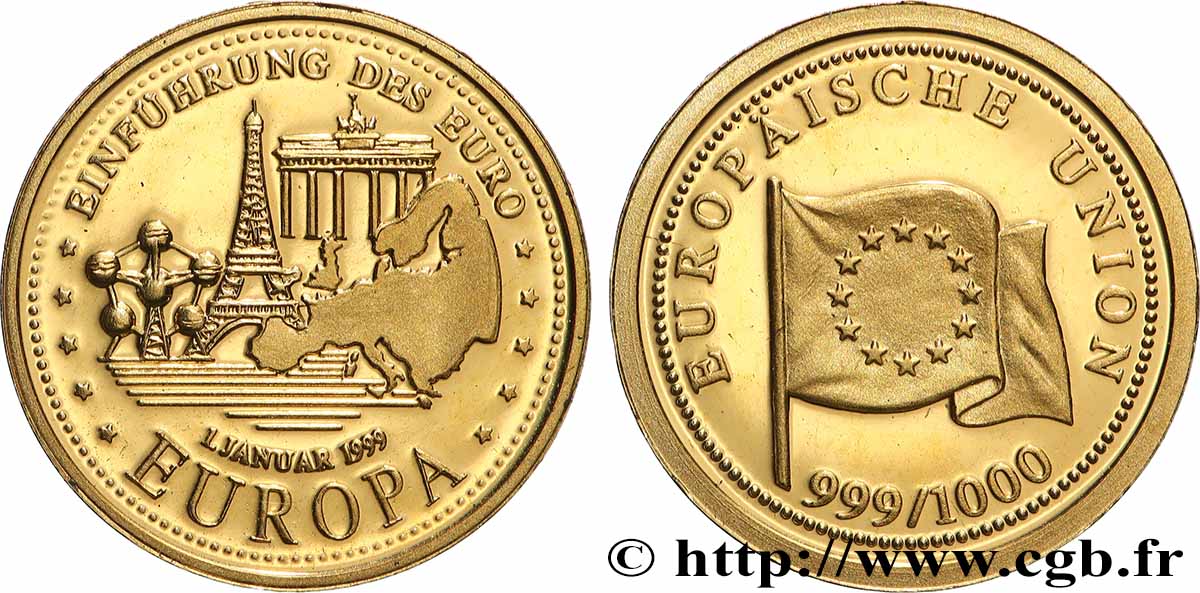 FUNFTE FRANZOSISCHE REPUBLIK Médaille, Europe, Introduction de l’Euro Polierte Platte