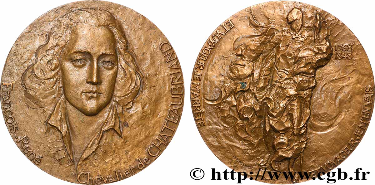 LITTÉRATURE : ÉCRIVAINS/ÉCRIVAINES - POÈTES Médaille, Deuxième centenaire de la naissance de François-René de Chateaubriand TTB+