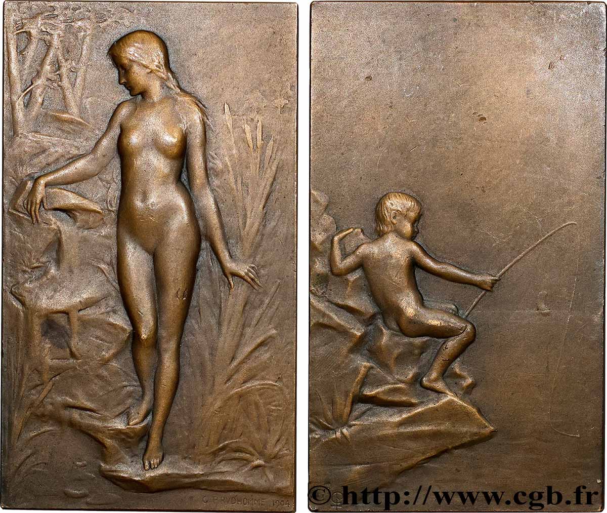 III REPUBLIC Plaquette, Femme à la source et enfant pêcheur AU